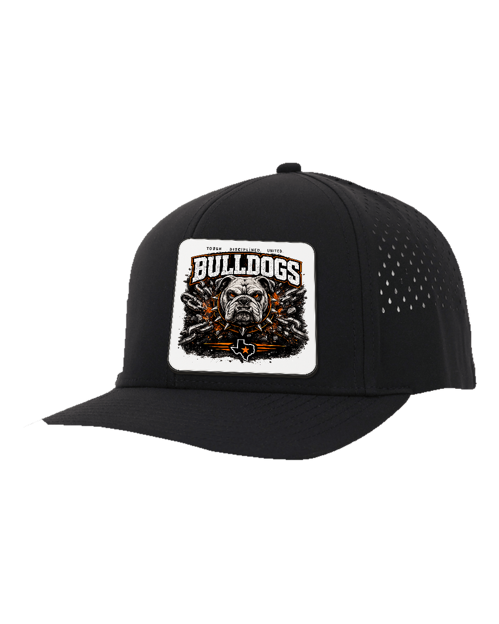 LoneStar Adhesive Durra-Bull Black/Black - Design 1 Bulldogs Chains. Full-color rounded patch mockup with matte face, dark finished edge and subtle raised thickness.