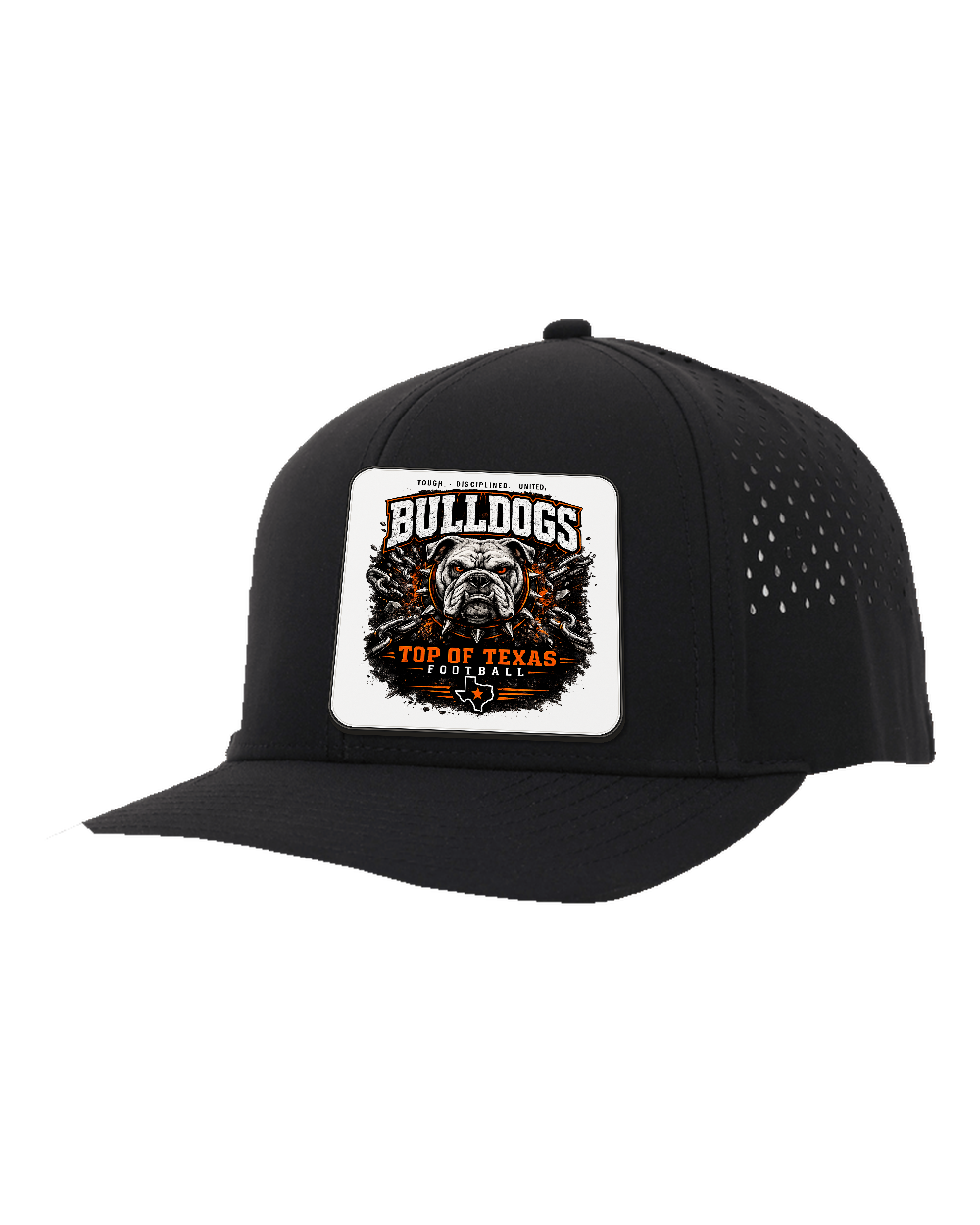 LoneStar Adhesive Durra-Bull Black/Black - Design 2 Bulldogs Top of Texas. Full-color rounded patch mockup with matte face, dark finished edge and subtle raised thickness.