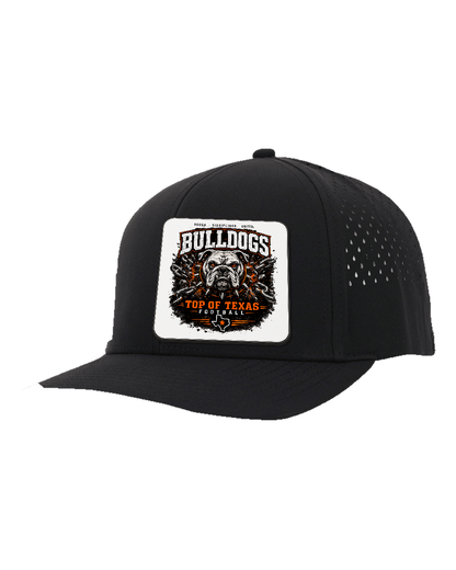 LoneStar Adhesive Durra-Bull Black/Black - Design 2 Bulldogs Top of Texas. Full-color rounded patch mockup with matte face, dark finished edge and subtle raised thickness.