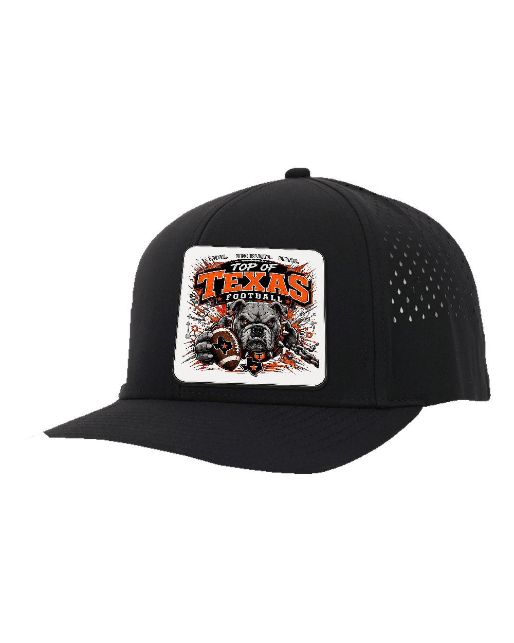 LoneStar Adhesive Durra-Bull Black/Black - Design 3 Football Bulldog Chains. Full-color rounded patch mockup with matte face, dark finished edge and subtle raised thickness.
