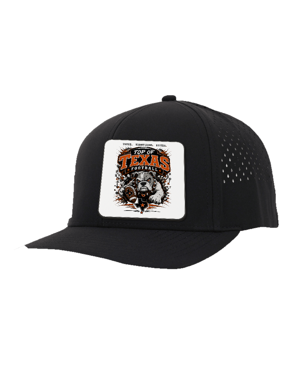 LoneStar Adhesive Durra-Bull Black/Black - Design 4 Football Bulldog Action. Full-color rounded patch mockup with matte face, dark finished edge and subtle raised thickness.