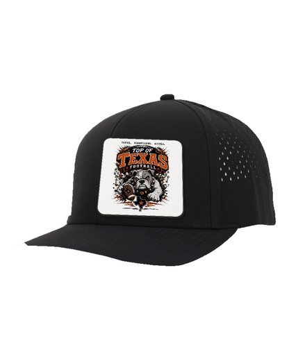LoneStar Adhesive Durra-Bull Black/Black - Design 4 Football Bulldog Action. Full-color rounded patch mockup with matte face, dark finished edge and subtle raised thickness.