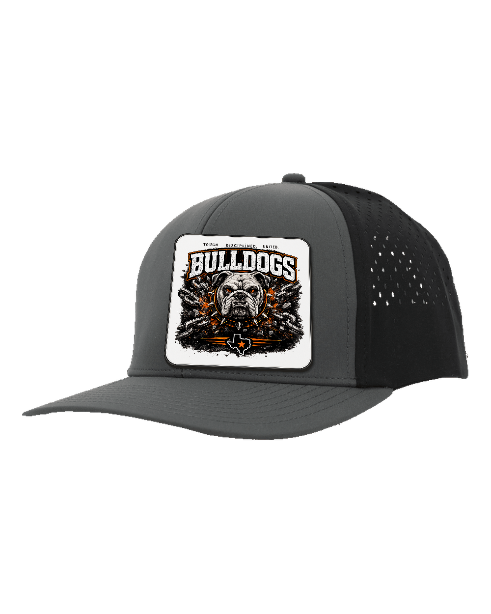 LoneStar Adhesive Durra-Bull Charcoal/Black - Design 1 Bulldogs Chains. Full-color rounded patch mockup with matte face, dark finished edge and subtle raised thickness.