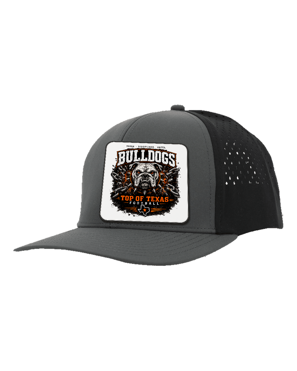 LoneStar Adhesive Durra-Bull Charcoal/Black - Design 2 Bulldogs Top of Texas. Full-color rounded patch mockup with matte face, dark finished edge and subtle raised thickness.