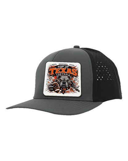 LoneStar Adhesive Durra-Bull Charcoal/Black - Design 3 Football Bulldog Chains. Full-color rounded patch mockup with matte face, dark finished edge and subtle raised thickness.