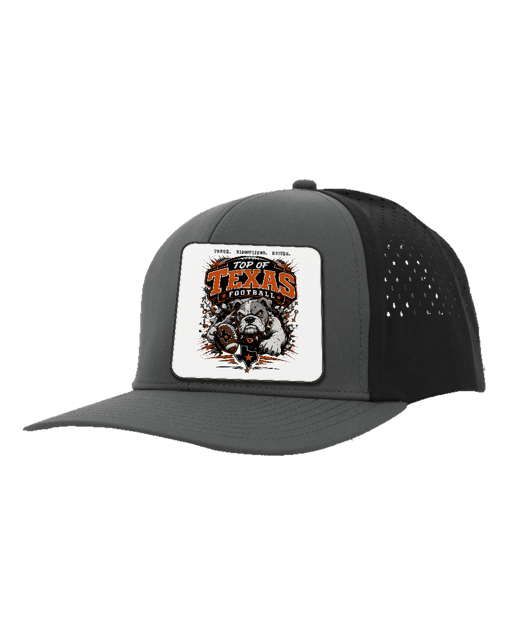 LoneStar Adhesive Durra-Bull Charcoal/Black - Design 4 Football Bulldog Action. Full-color rounded patch mockup with matte face, dark finished edge and subtle raised thickness.
