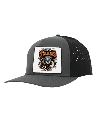 LoneStar Adhesive Durra-Bull Charcoal/Black - Design 4 Football Bulldog Action. Full-color rounded patch mockup with matte face, dark finished edge and subtle raised thickness.