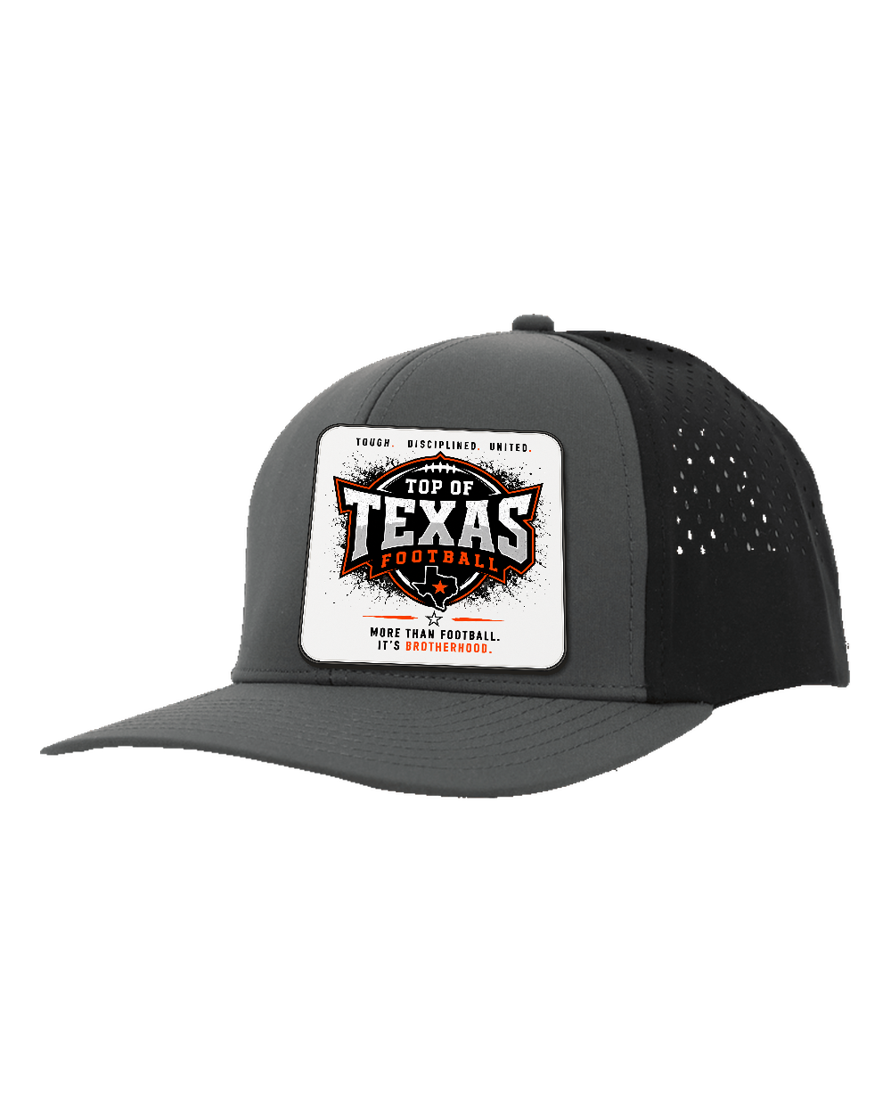 LoneStar Adhesive Durra-Bull Charcoal/Black - Design 5 Brotherhood. Full-color rounded patch mockup with matte face, dark finished edge and subtle raised thickness.
