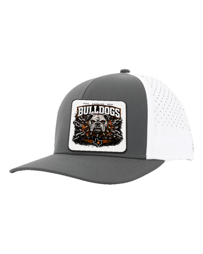 LoneStar Adhesive Durra-Bull Charcoal/White - Design 1 Bulldogs Chains. Full-color rounded patch mockup with matte face, dark finished edge and subtle raised thickness.
