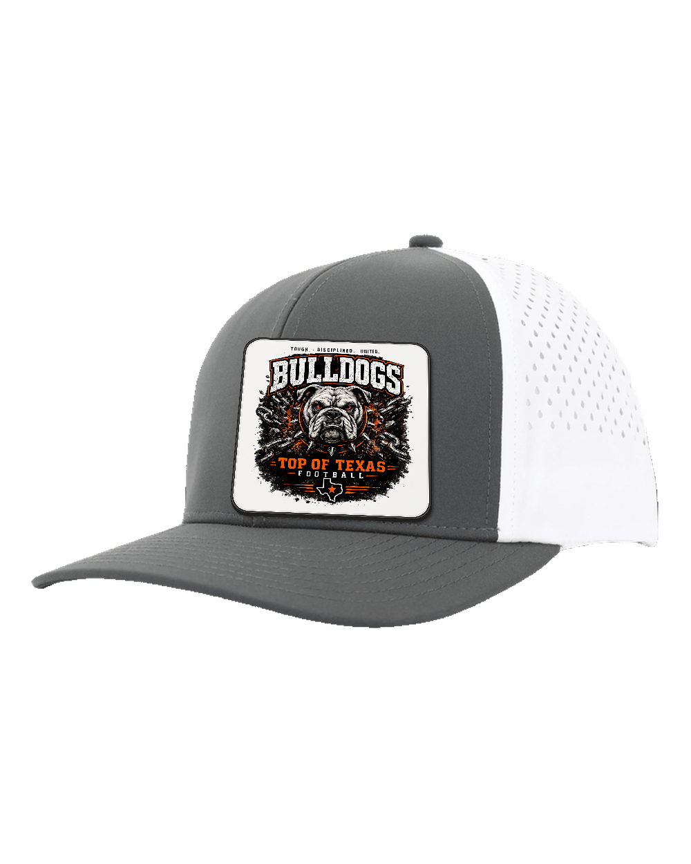 LoneStar Adhesive Durra-Bull Charcoal/White - Design 2 Bulldogs Top of Texas. Full-color rounded patch mockup with matte face, dark finished edge and subtle raised thickness.