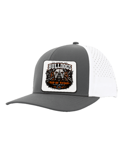 LoneStar Adhesive Durra-Bull Charcoal/White - Design 2 Bulldogs Top of Texas. Full-color rounded patch mockup with matte face, dark finished edge and subtle raised thickness.
