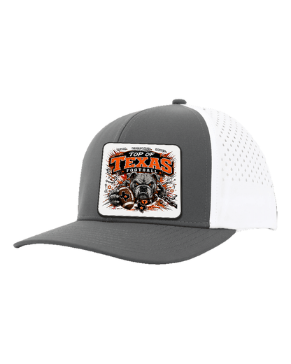 LoneStar Adhesive Durra-Bull Charcoal/White - Design 3 Football Bulldog Chains. Full-color rounded patch mockup with matte face, dark finished edge and subtle raised thickness.