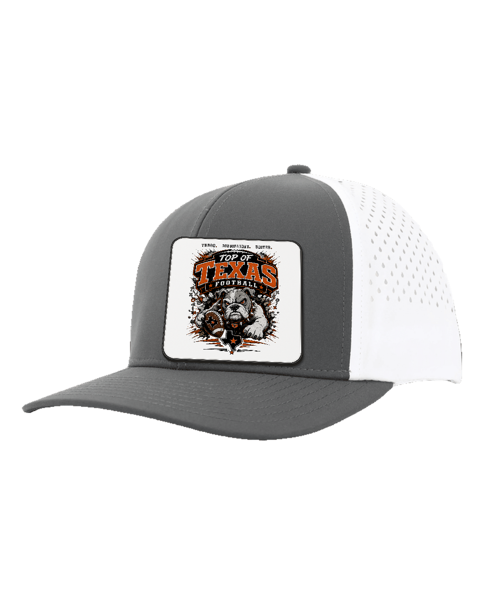 LoneStar Adhesive Durra-Bull Charcoal/White - Design 4 Football Bulldog Action. Full-color rounded patch mockup with matte face, dark finished edge and subtle raised thickness.