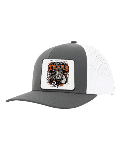 LoneStar Adhesive Durra-Bull Charcoal/White - Design 4 Football Bulldog Action. Full-color rounded patch mockup with matte face, dark finished edge and subtle raised thickness.