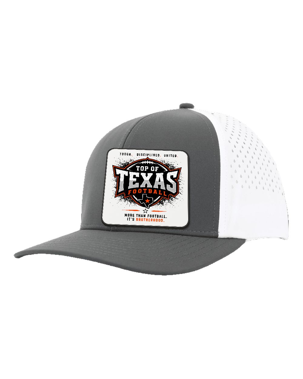 LoneStar Adhesive Durra-Bull Charcoal/White - Design 5 Brotherhood. Full-color rounded patch mockup with matte face, dark finished edge and subtle raised thickness.
