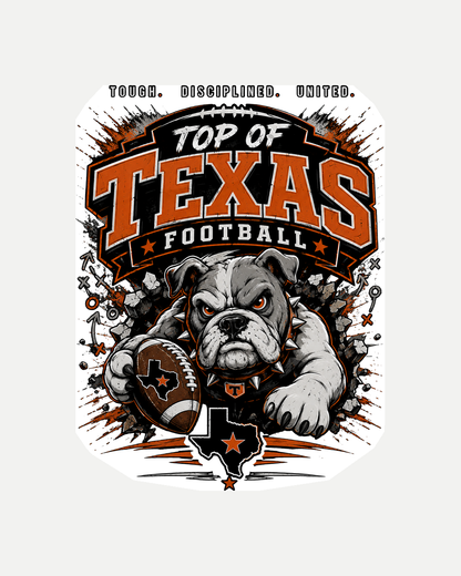 Top of Texas decal Design 4 Football Bulldog Action - full cleaned design with a light contour-cut border.