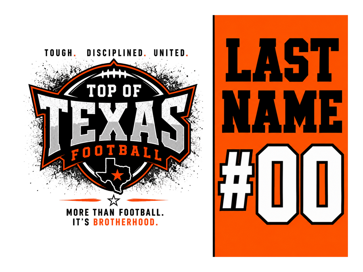 Design 1 - Classic Split. Top of Texas 24 x 18 personalized yard sign with stake; player name and number shown as placeholders.