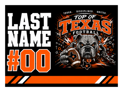 Design 2 - Player Spotlight. Top of Texas 24 x 18 personalized yard sign with stake; player name and number shown as placeholders.