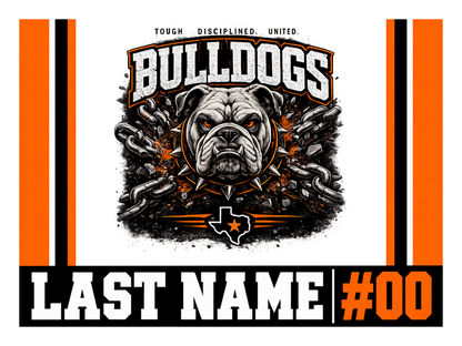 Design 3 - Centered Bulldog. Top of Texas 24 x 18 personalized yard sign with stake; player name and number shown as placeholders.