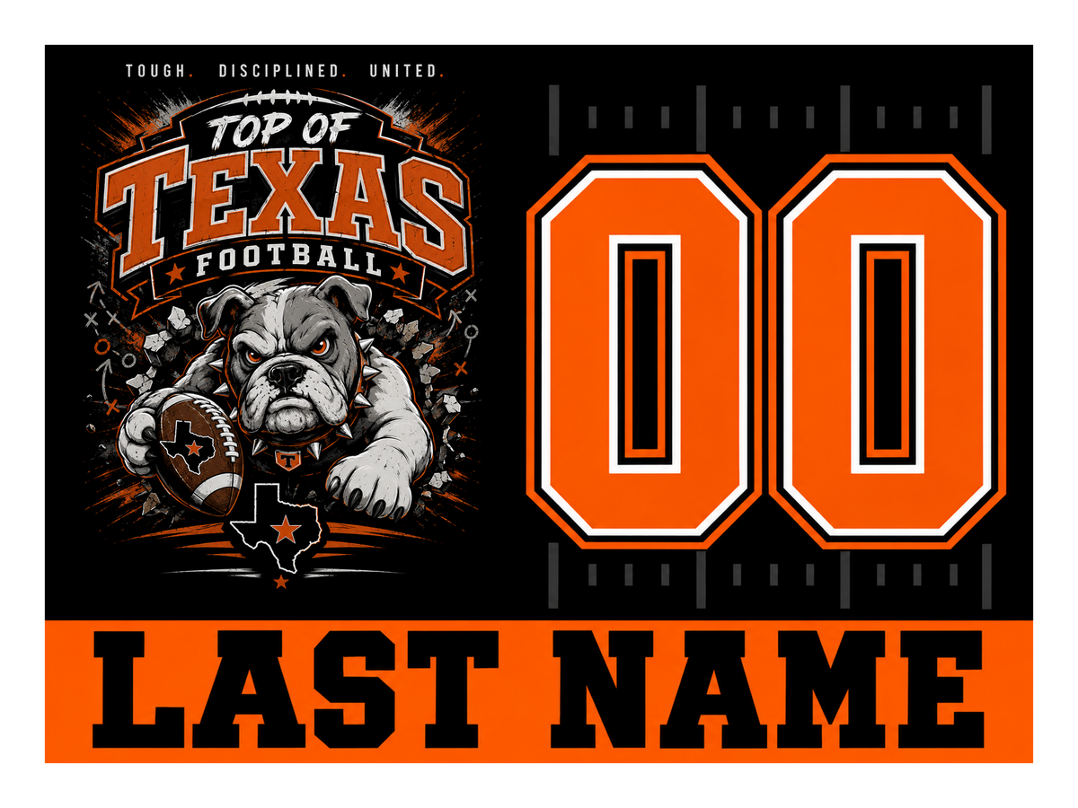 Design 4 - Jersey Number. Top of Texas 24 x 18 personalized yard sign with stake; player name and number shown as placeholders.