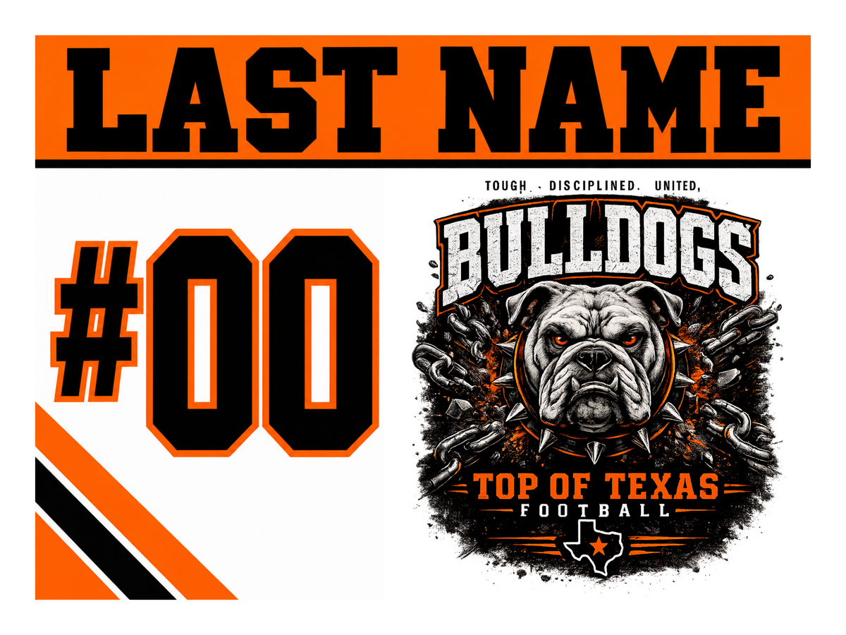 Design 5 - Name Header. Top of Texas 24 x 18 personalized yard sign with stake; player name and number shown as placeholders.