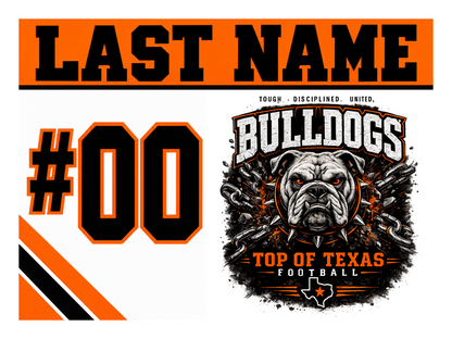 Design 5 - Name Header. Top of Texas 24 x 18 personalized yard sign with stake; player name and number shown as placeholders.